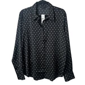 NWT Ann Taylor Women's Size Large Black Satin Geometric Print Button-Up Blouse